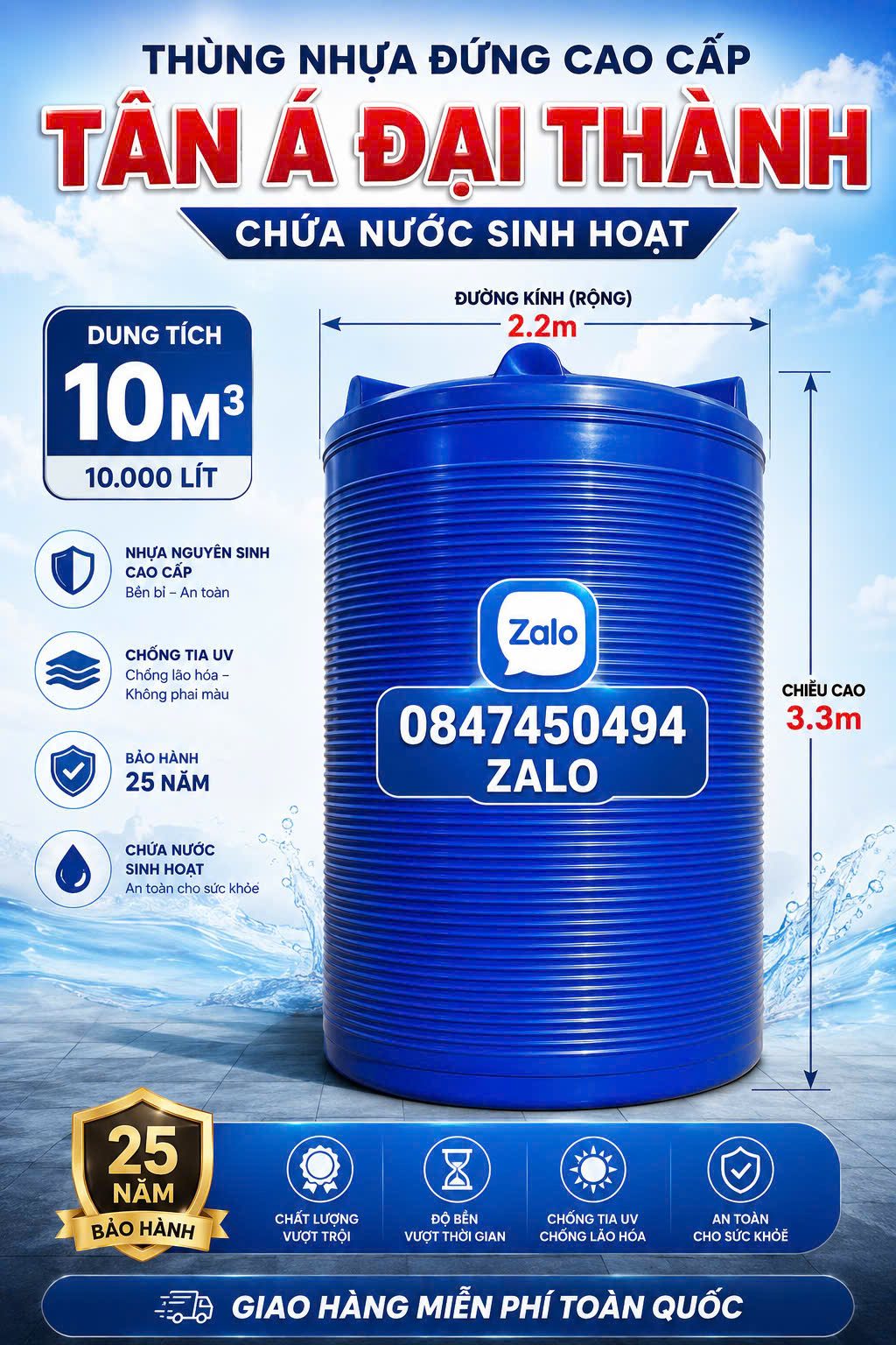Tét nhựa 10.000L 10000 lít đứng Bình Nhựa cao cấp 10000L đứng Tân á đại thành Téc nhựa 10m3 đứng Thùng nhựa to nhất 10 khối đứng Tân Á Đại Thành